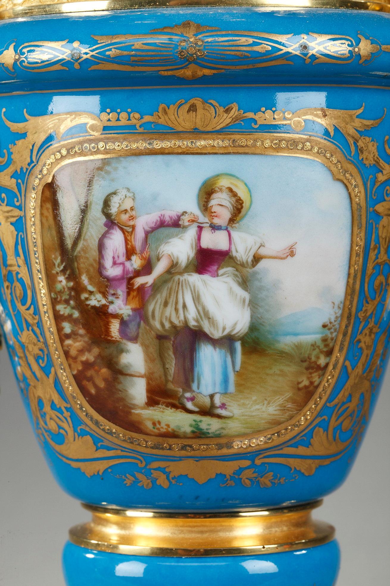 Pair of Covered Vases in Polychrome Porcelain in the Taste of Sèvres For Sale 7