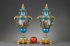 Pair of Covered Vases in Polychrome Porcelain in the Taste of Sèvres