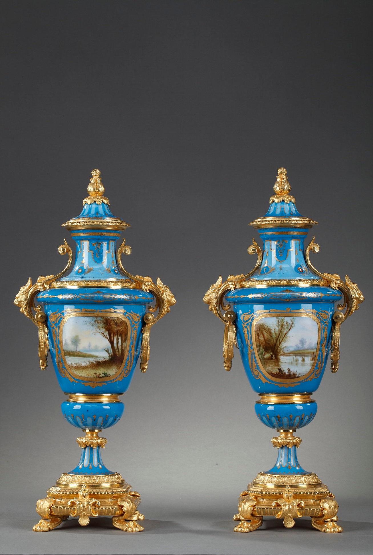 French Pair of Covered Vases in Polychrome Porcelain in the Taste of Sèvres For Sale