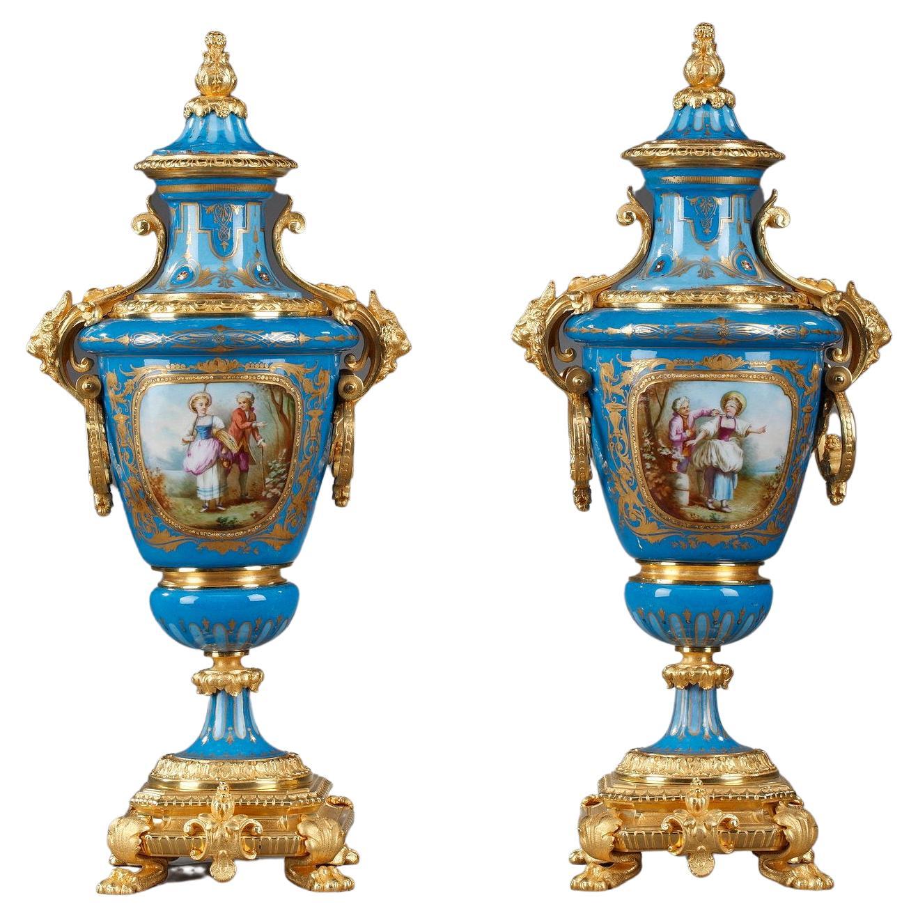 Pair of Covered Vases in Polychrome Porcelain in the Taste of Sèvres