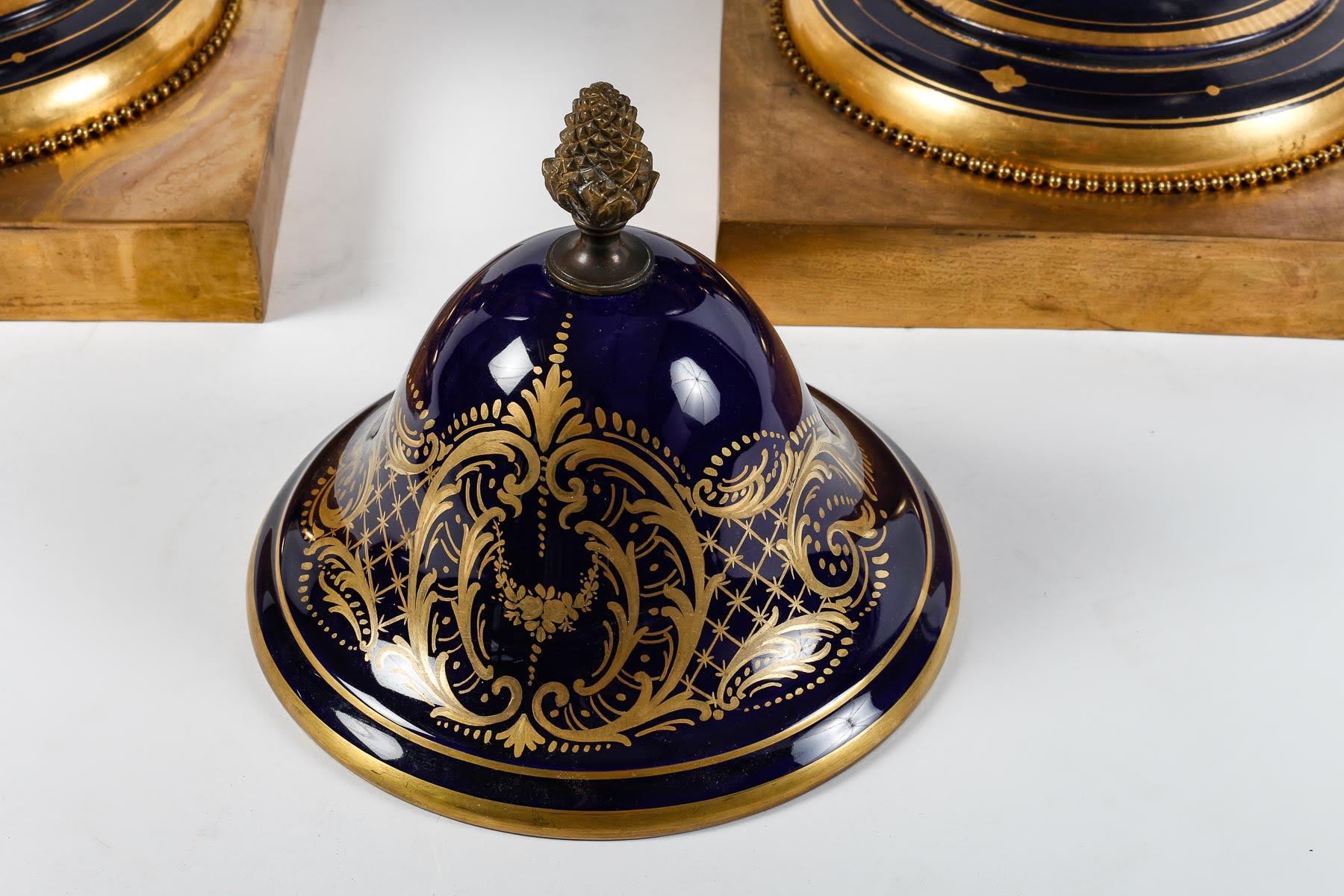Paire de vases couverts en porcelaine de Sèvres et bronze doré. en vente 3
