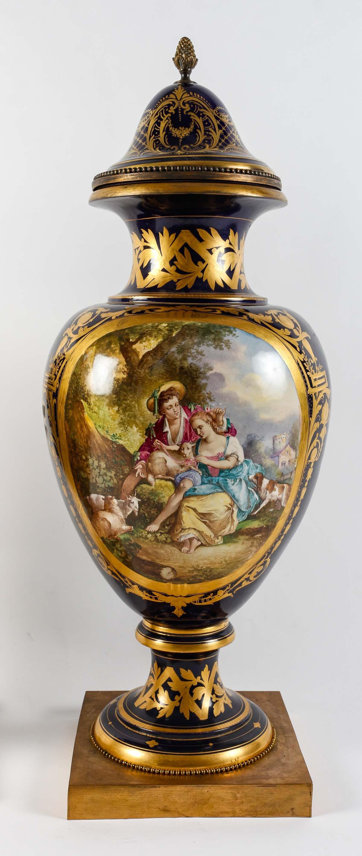 Paar überdachte Vasen aus Sèvres-Porzellan und vergoldeter Bronze. (Vergoldet) im Angebot