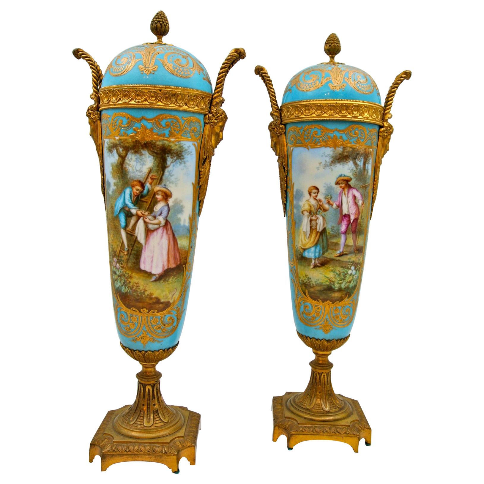 Pair of Covered Vases in Sèvres Porcelain and Gilt Bronze at 1stDibs