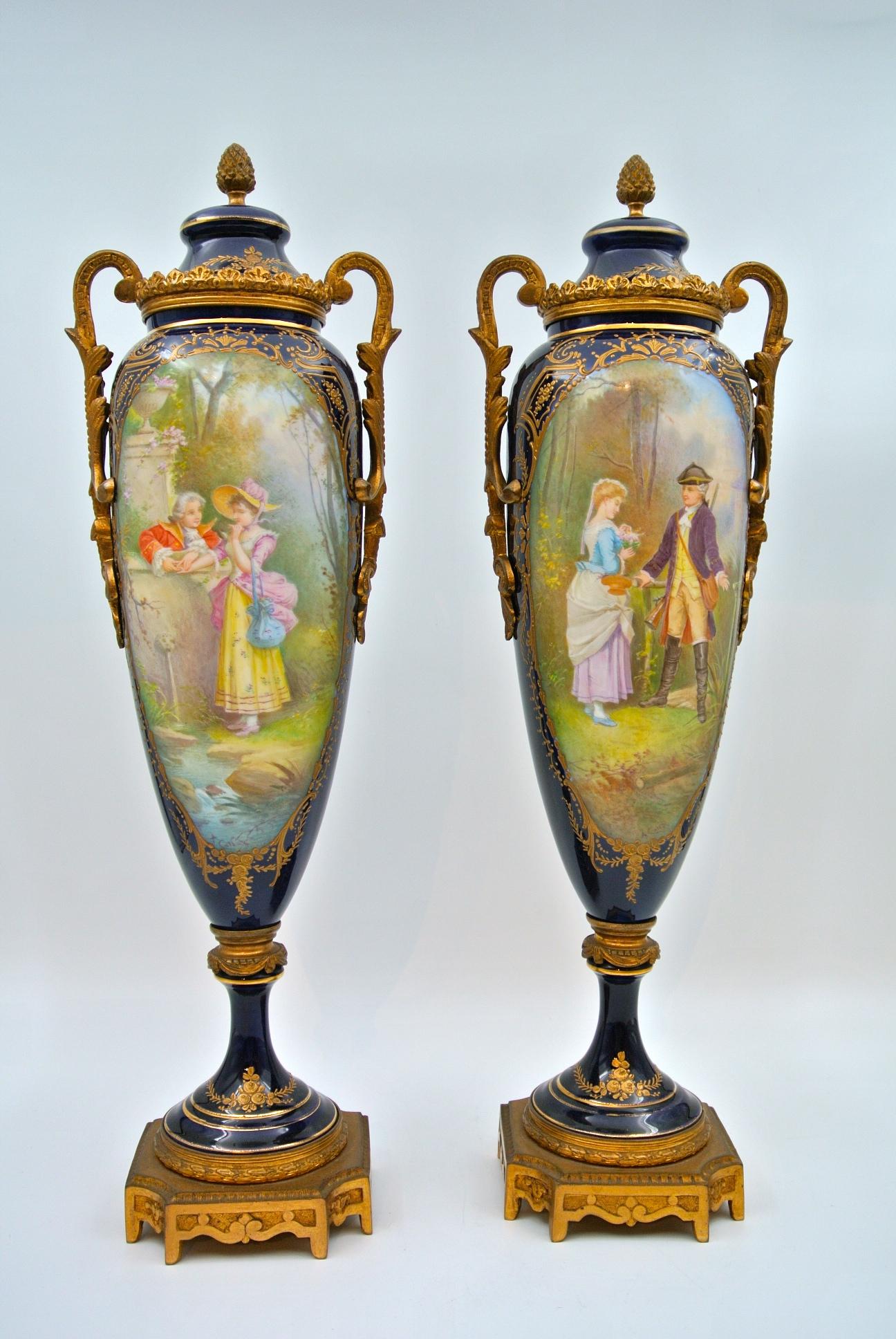 French Pair of Covered Vases in Sèvres Porcelain