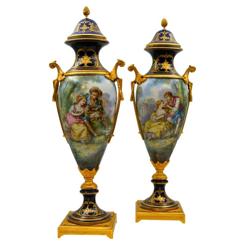Pair of Covered Vases in Sèvres Porcelain and Gilt Bronze at 1stDibs