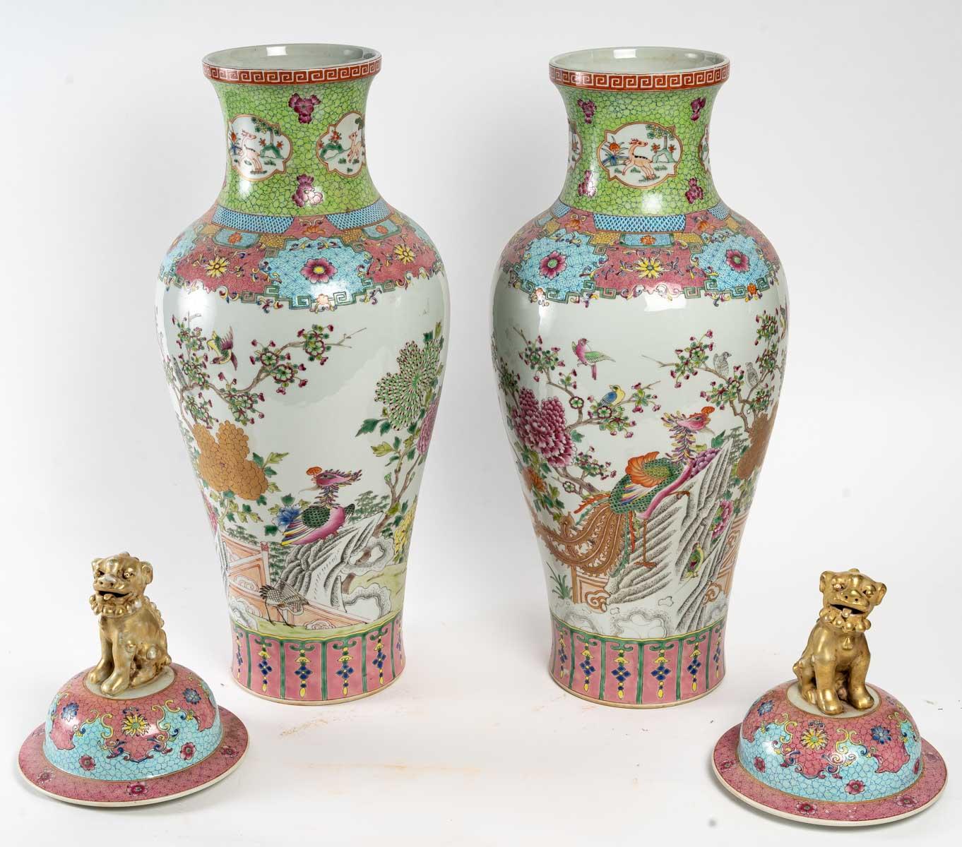 Porcelain Pair of Covered Vases, Samson, 20th Century