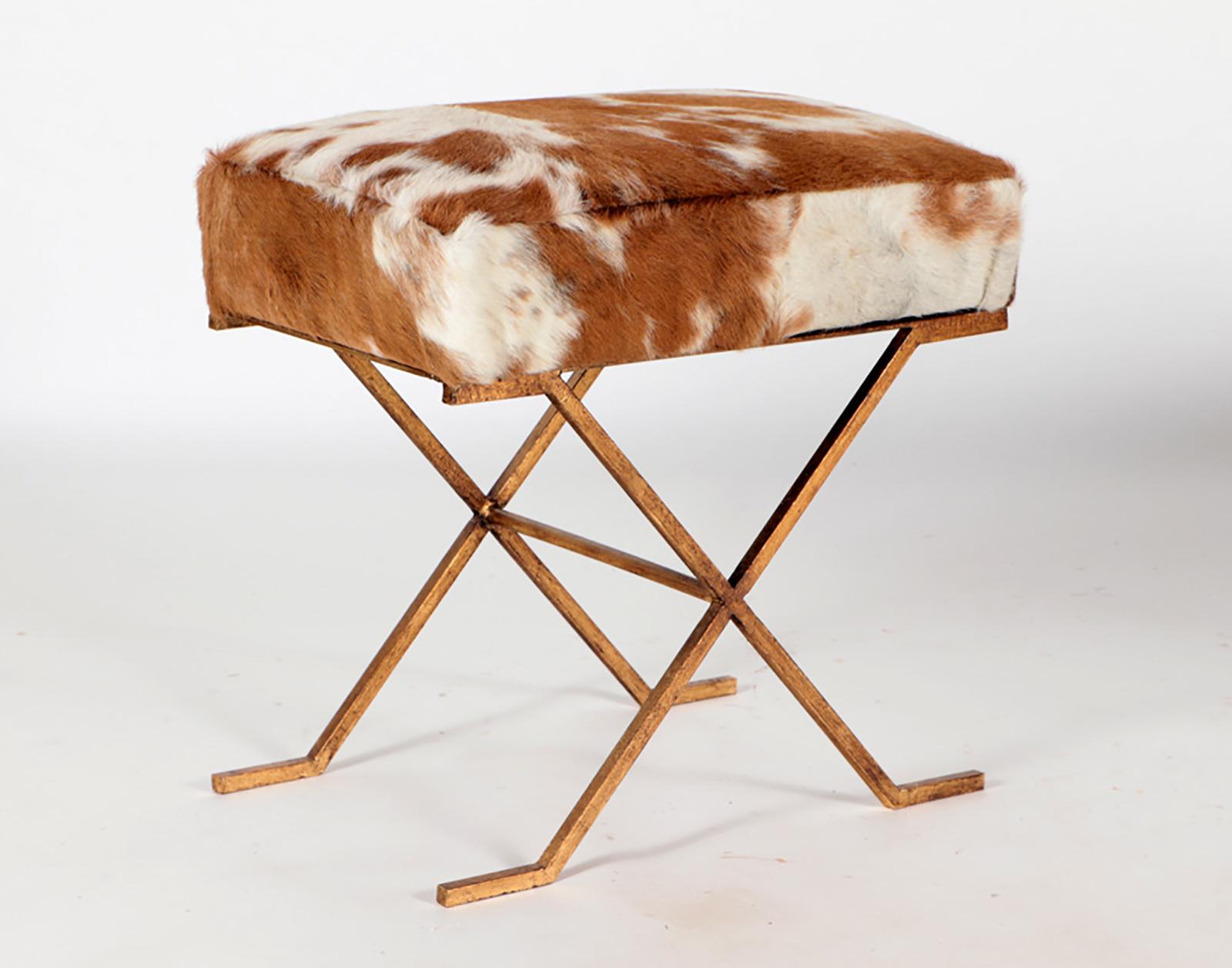 Modern Pair Gilt-iron Cowhide X-frame Benches in the Jean-Michel Frank Manner For Sale