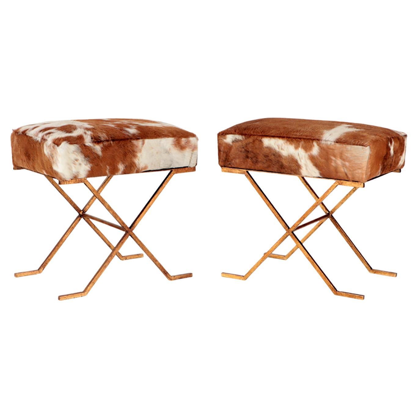 Pair Gilt-iron Cowhide X-frame Benches in the Jean-Michel Frank Manner For Sale