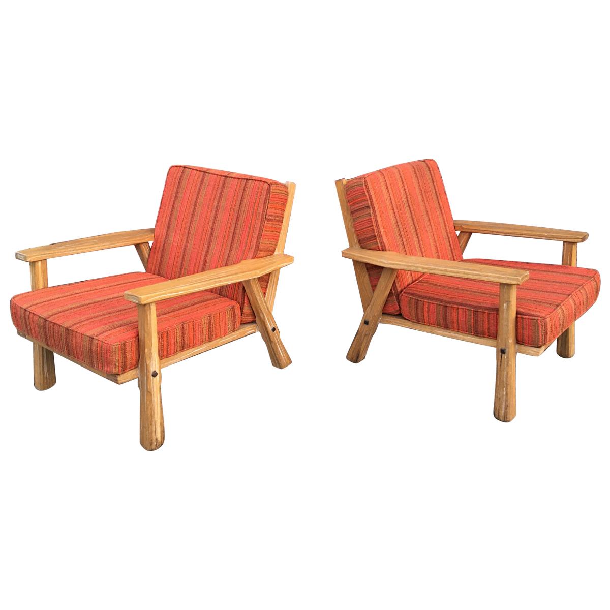 Pair of Cowboy Modern Pickled Ranch Oak Lounge Chairs for Brandt