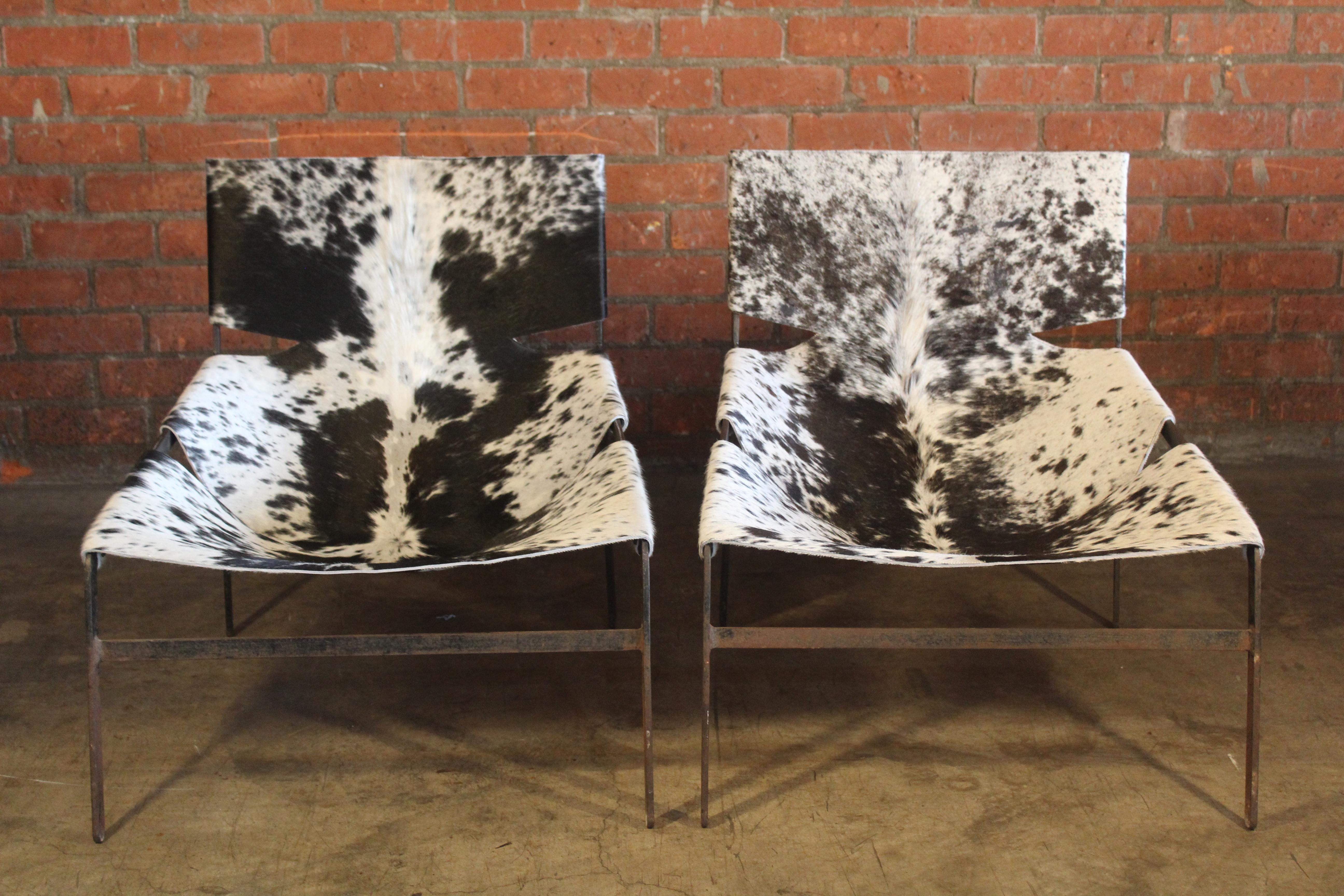 Dutch Pair of Cowhide and Iron Sling Chairs, Netherlands, 1960s For Sale