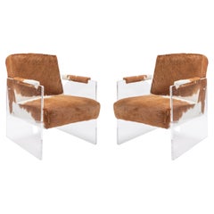 Pair of Cowhide and Lucite Armchairs