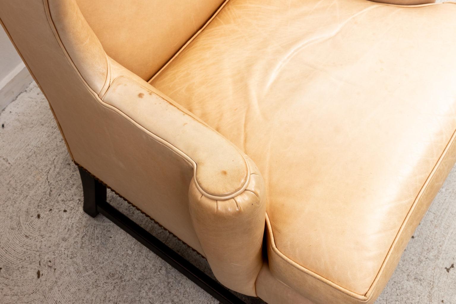 George III Pair of Cowtan and Tout Camel Leather Wing Chairs For Sale
