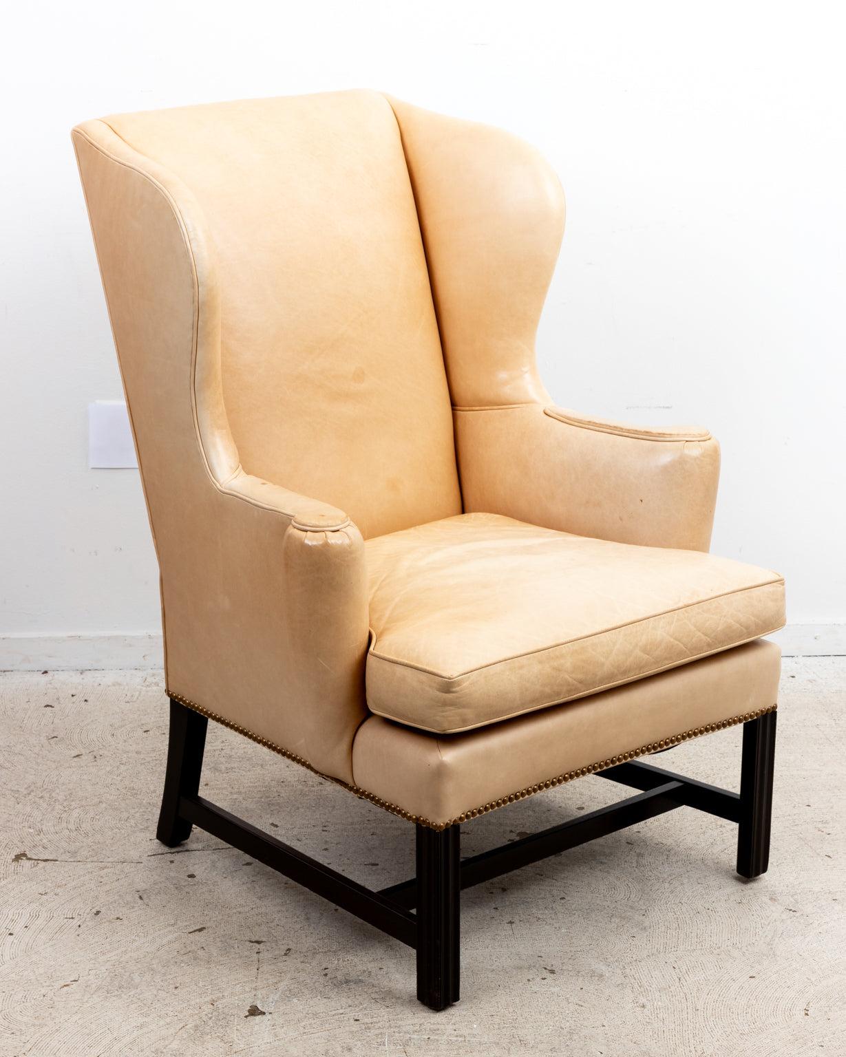 American Pair of Cowtan and Tout Camel Leather Wing Chairs For Sale
