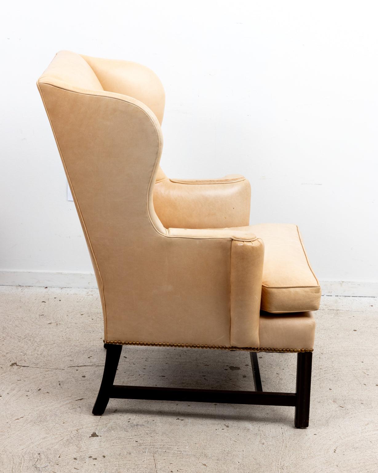 Pair of Cowtan and Tout Camel Leather Wing Chairs In Good Condition For Sale In Stamford, CT
