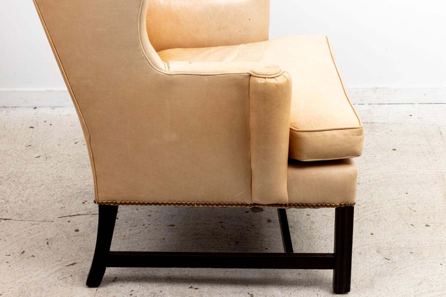 Contemporary Pair of Cowtan and Tout Camel Leather Wing Chairs For Sale
