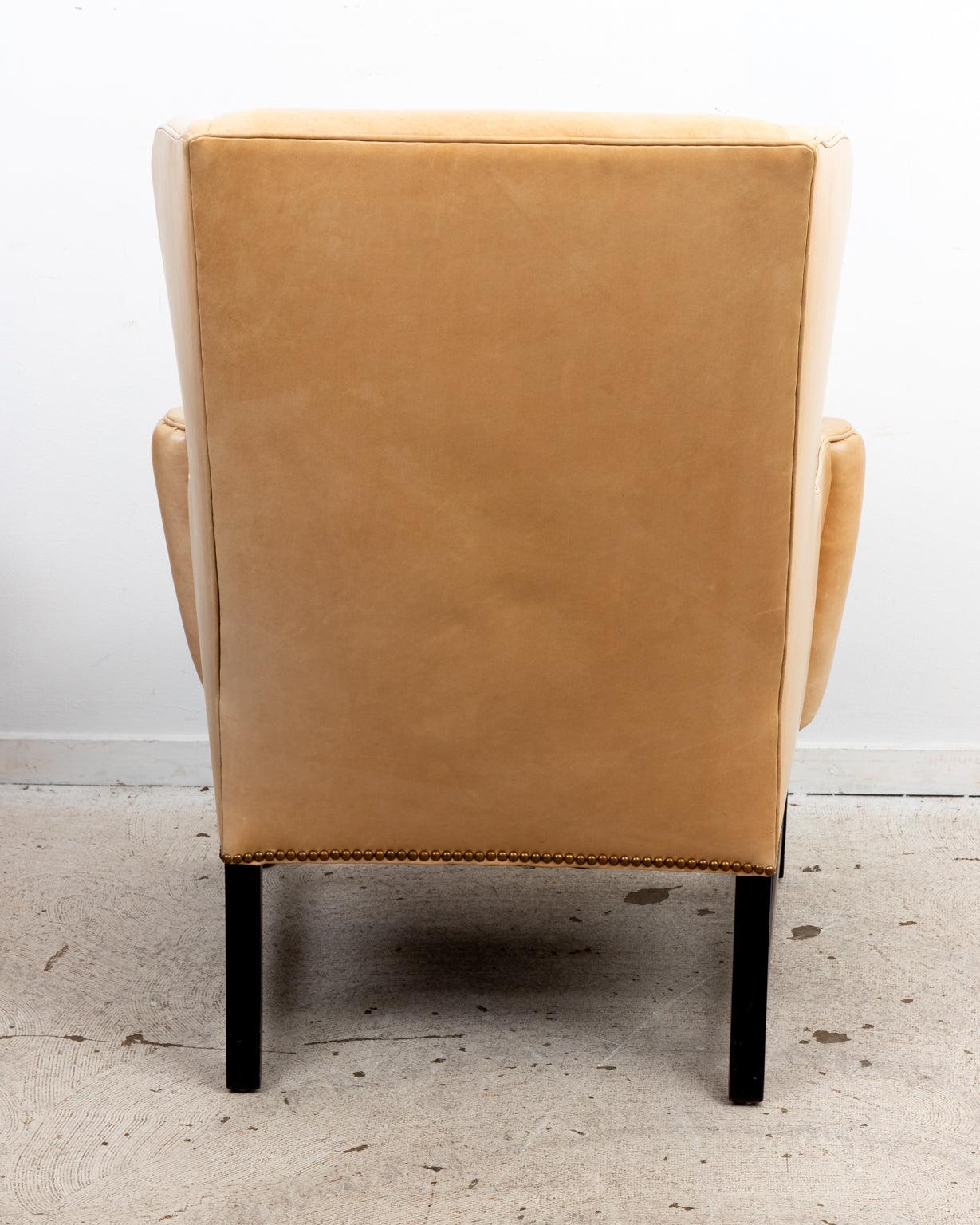 Pair of Cowtan and Tout Camel Leather Wing Chairs For Sale 1
