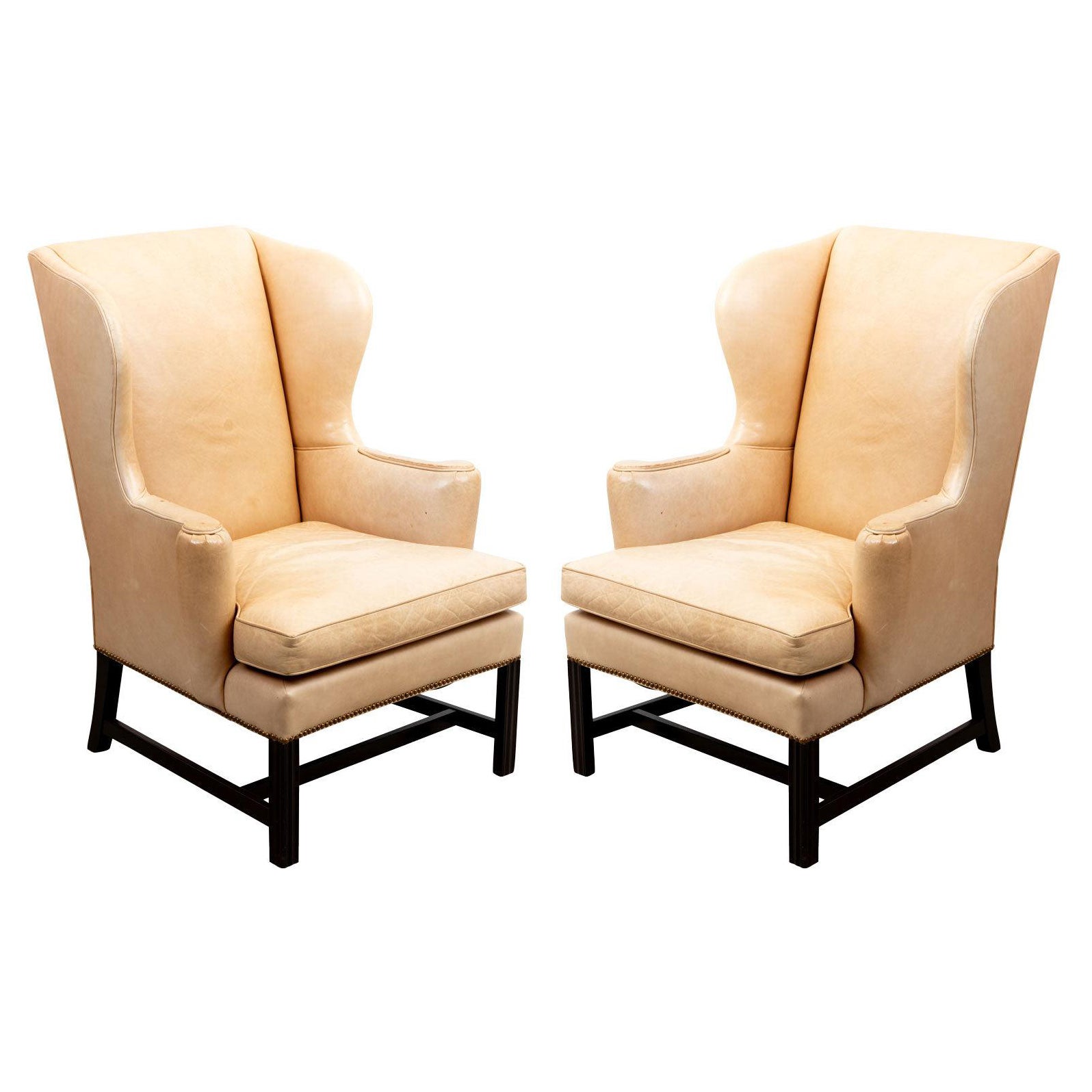 Pair of Cowtan and Tout Camel Leather Wing Chairs For Sale