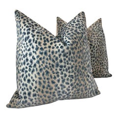 Pair of Cowtan and Tout Ocelot Raised Azure Blue Velvet Cheetah Pillows