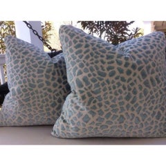 Pair of Cowtan & Tout "Lynx" in Aqua Blue Leopard Print Pillows