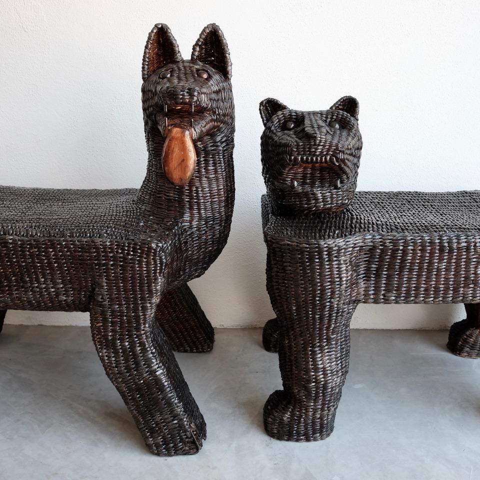Pair of vintage animal benches by folk artist Mario Lopez Torres. Tzintzuntzan, Michoacan, Mexico, circa 1970s-early 1980s. Hand formed and hand woven. Fully restored. The artist gathered wild reed from the Patzcuaro region lakes to hand weave the