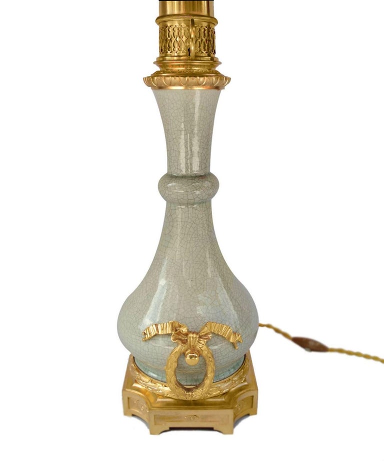Pair of Cracked Beige Celadon Porcelain Lamps, Gagneau Mount, circa