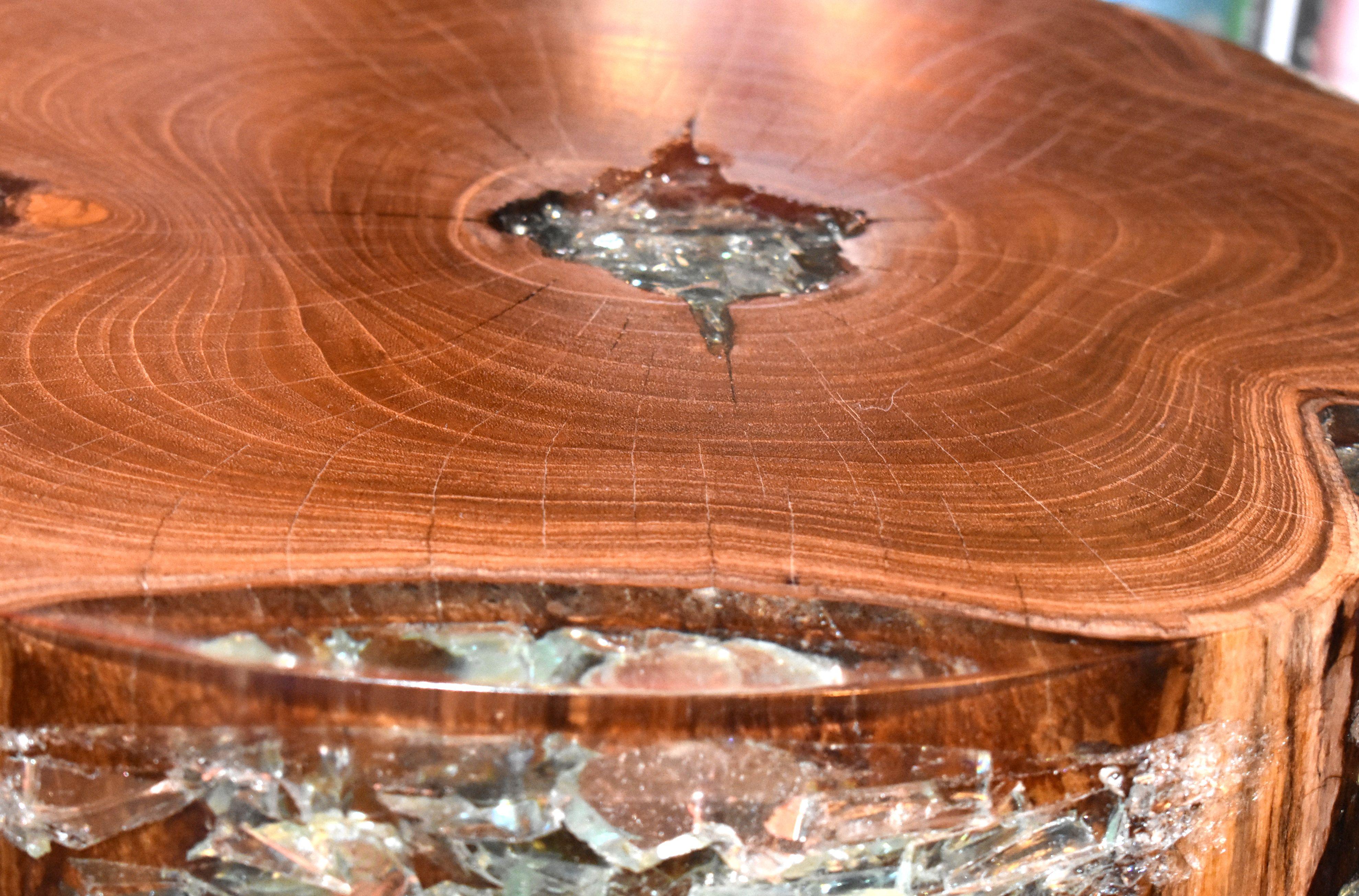 American Pair of Cracked Resin and Wood Side Tables