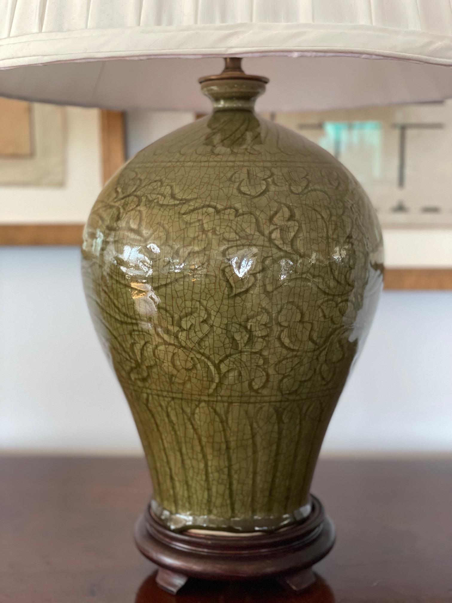 Chinoiserie Pair Crackle Celadon Green Table Lamps w/ Foliate Motif 20th Century For Sale