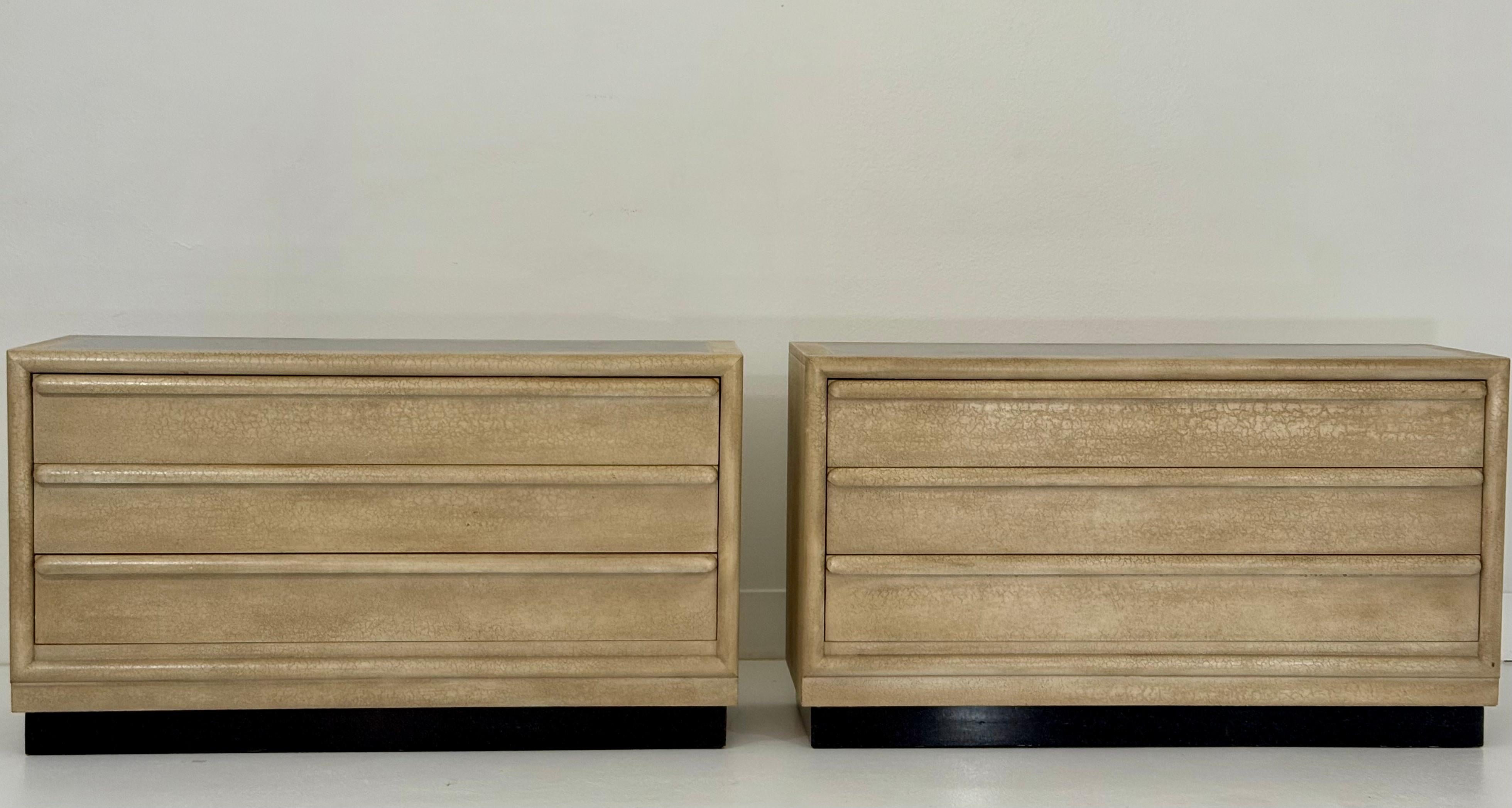 Hollywood Regency Pair of Crackle Finish Three-Drawer Chests by Grandwood Furniture For Sale