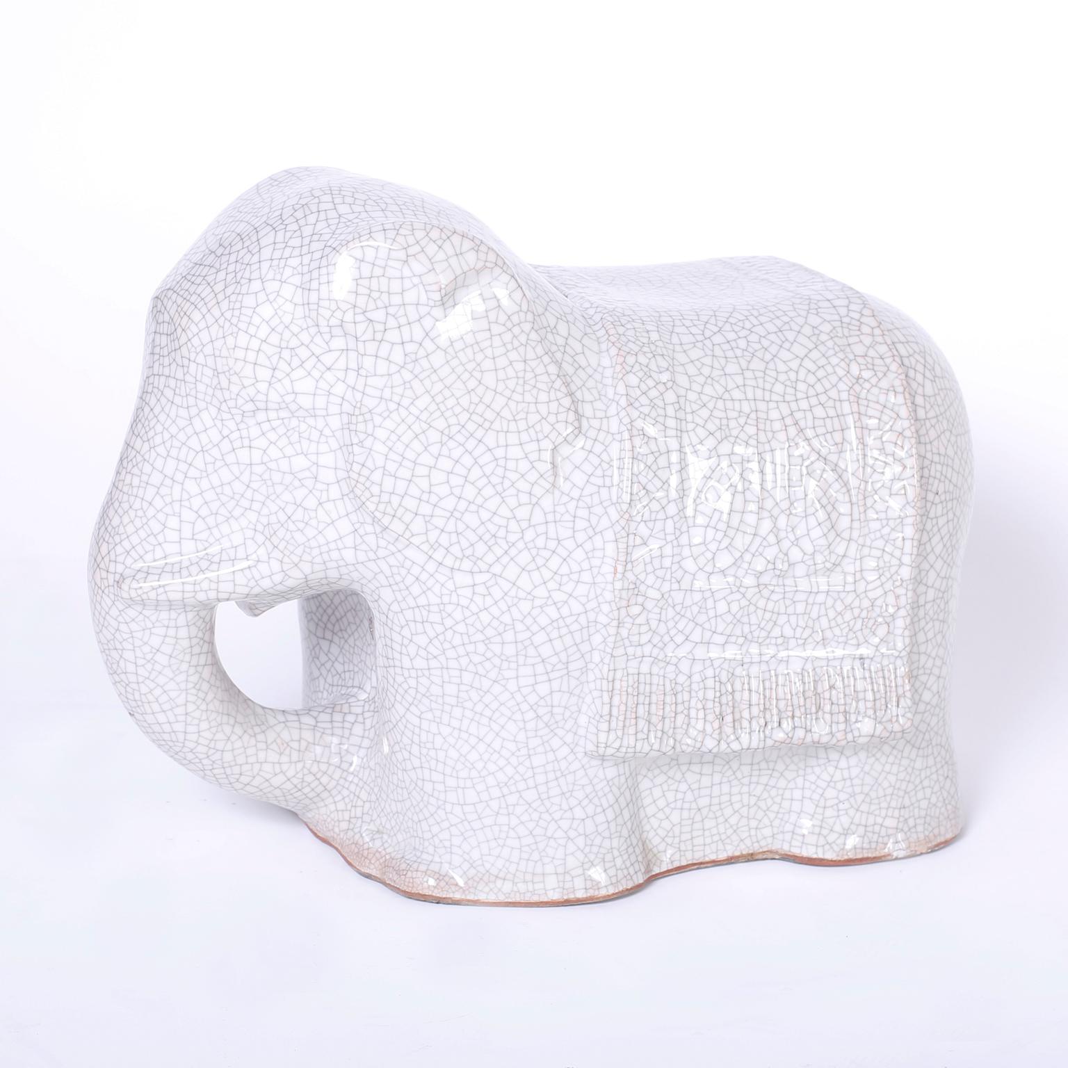 Chinese Pair of Crackle Glaze Terracotta Elephant Garden Seats
