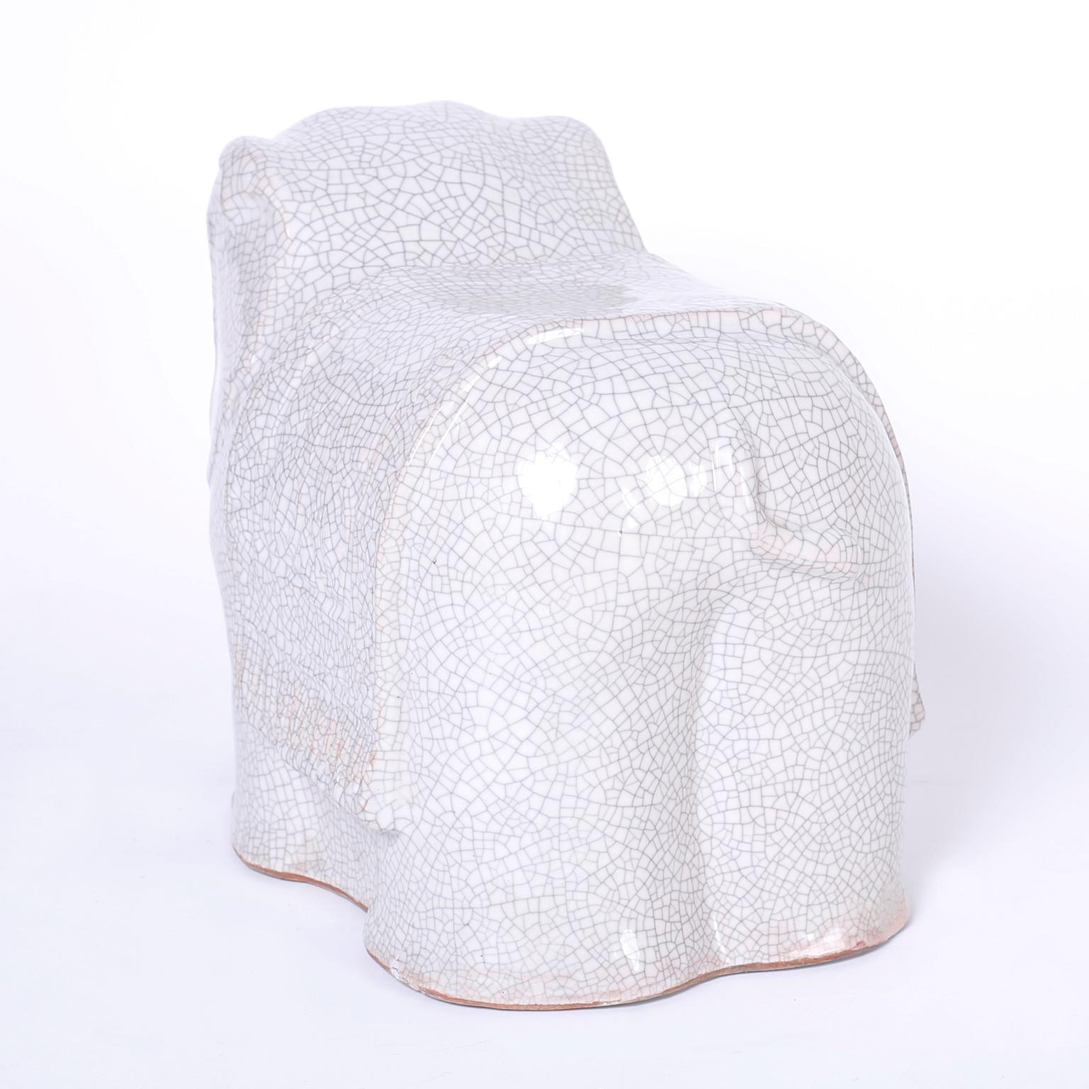 Glazed Pair of Crackle Glaze Terracotta Elephant Garden Seats