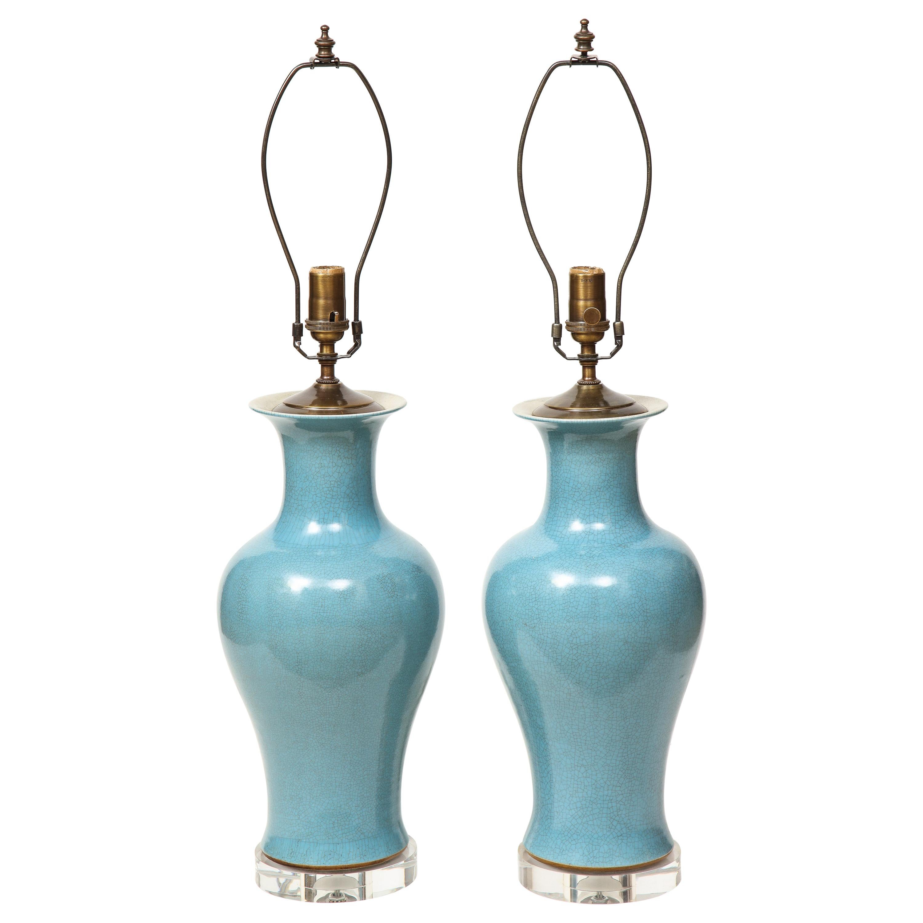 Pair of Crackle Glazed Blue Vase Lamps