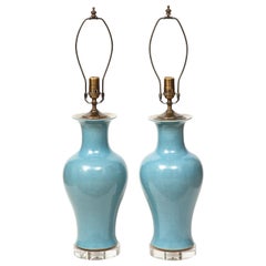 Pair of Crackle Glazed Blue Vase Lamps