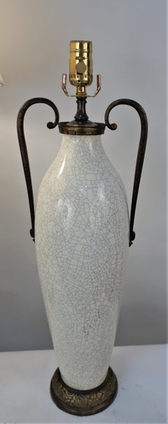Pair of Crackle White Ceramic and Bronze Table Lamps