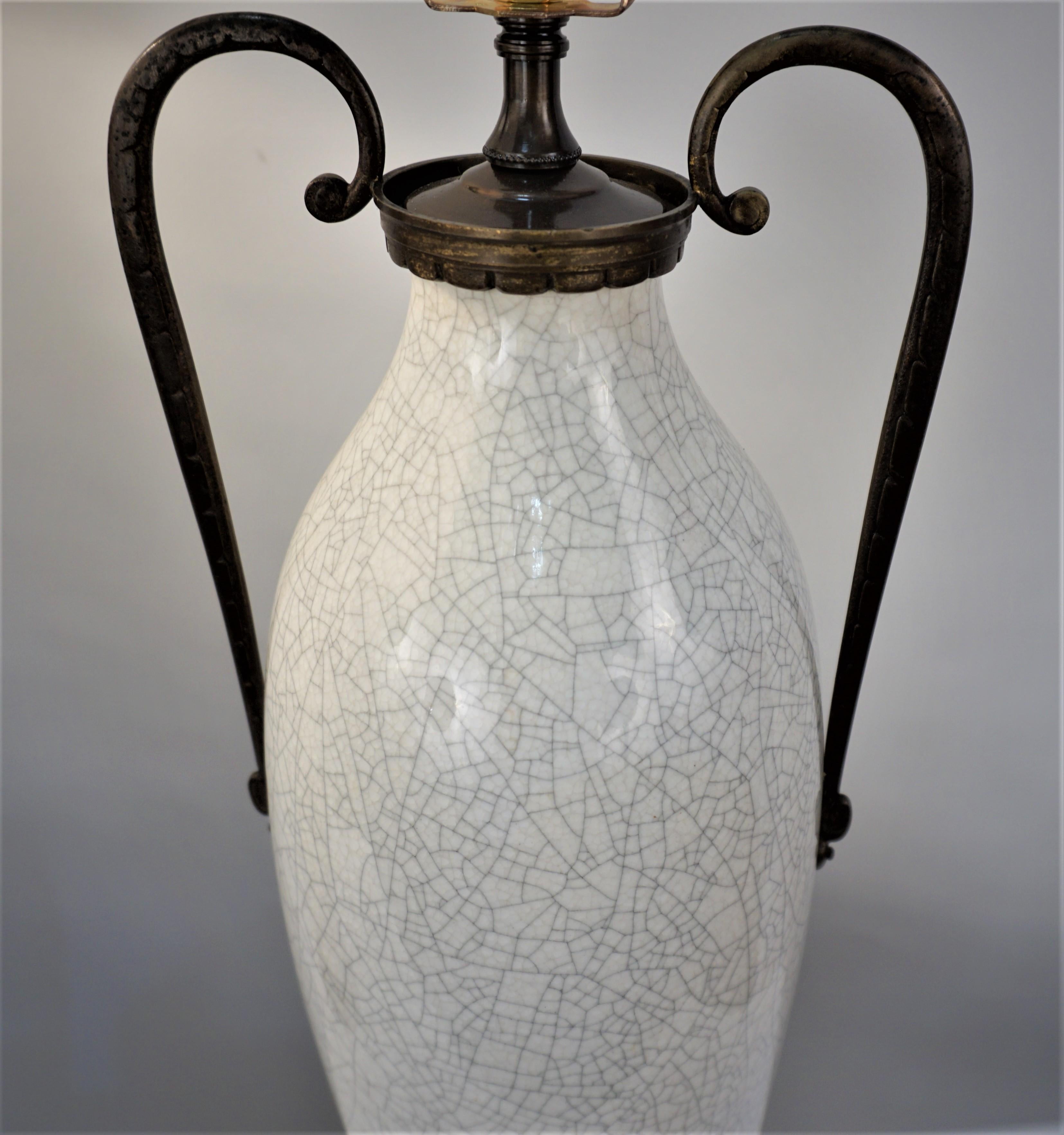 French Pair of Crackle White Ceramic and Bronze Table Lamps