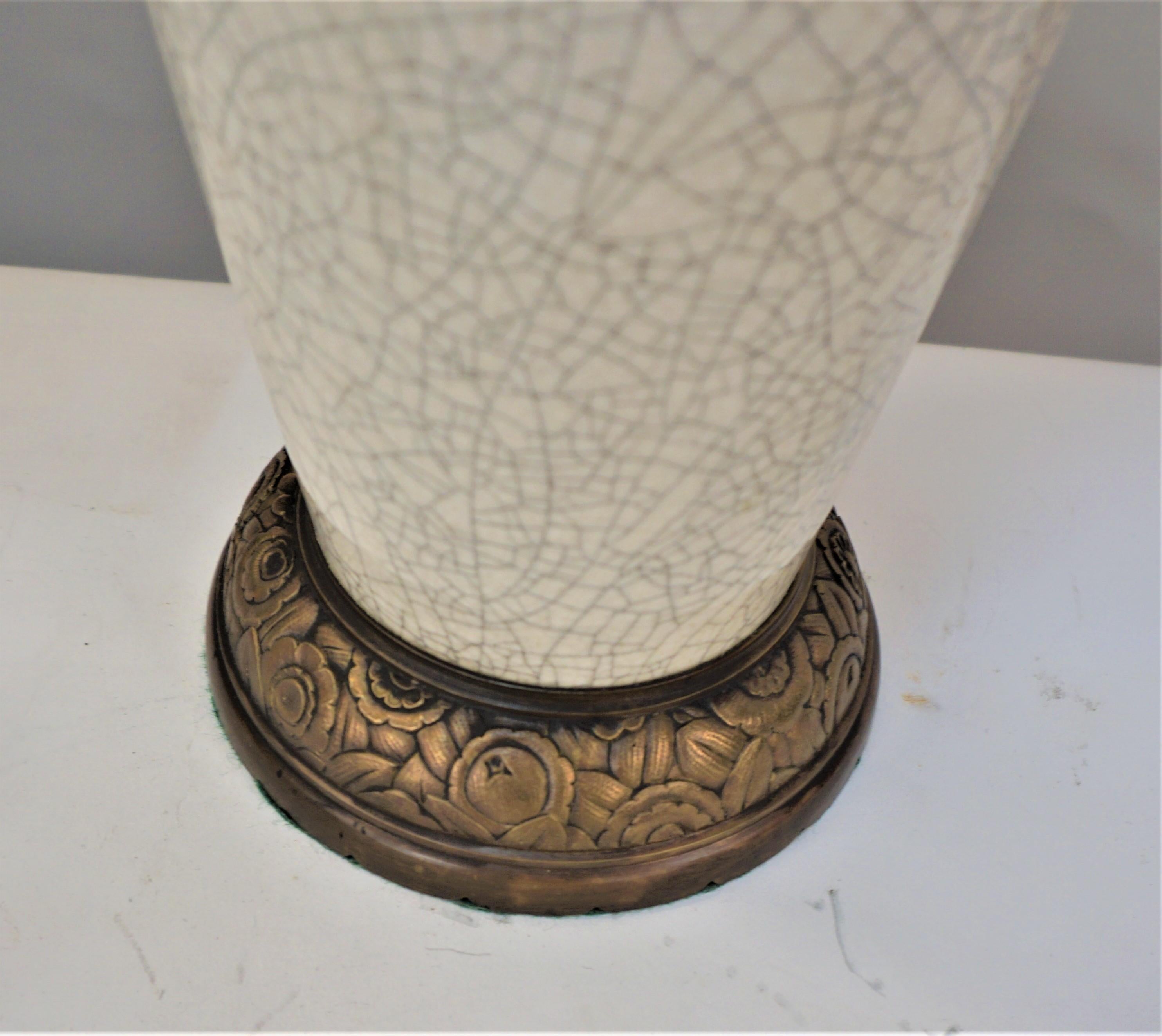 Pair of Crackle White Ceramic and Bronze Table Lamps In Good Condition In Fairfax, VA