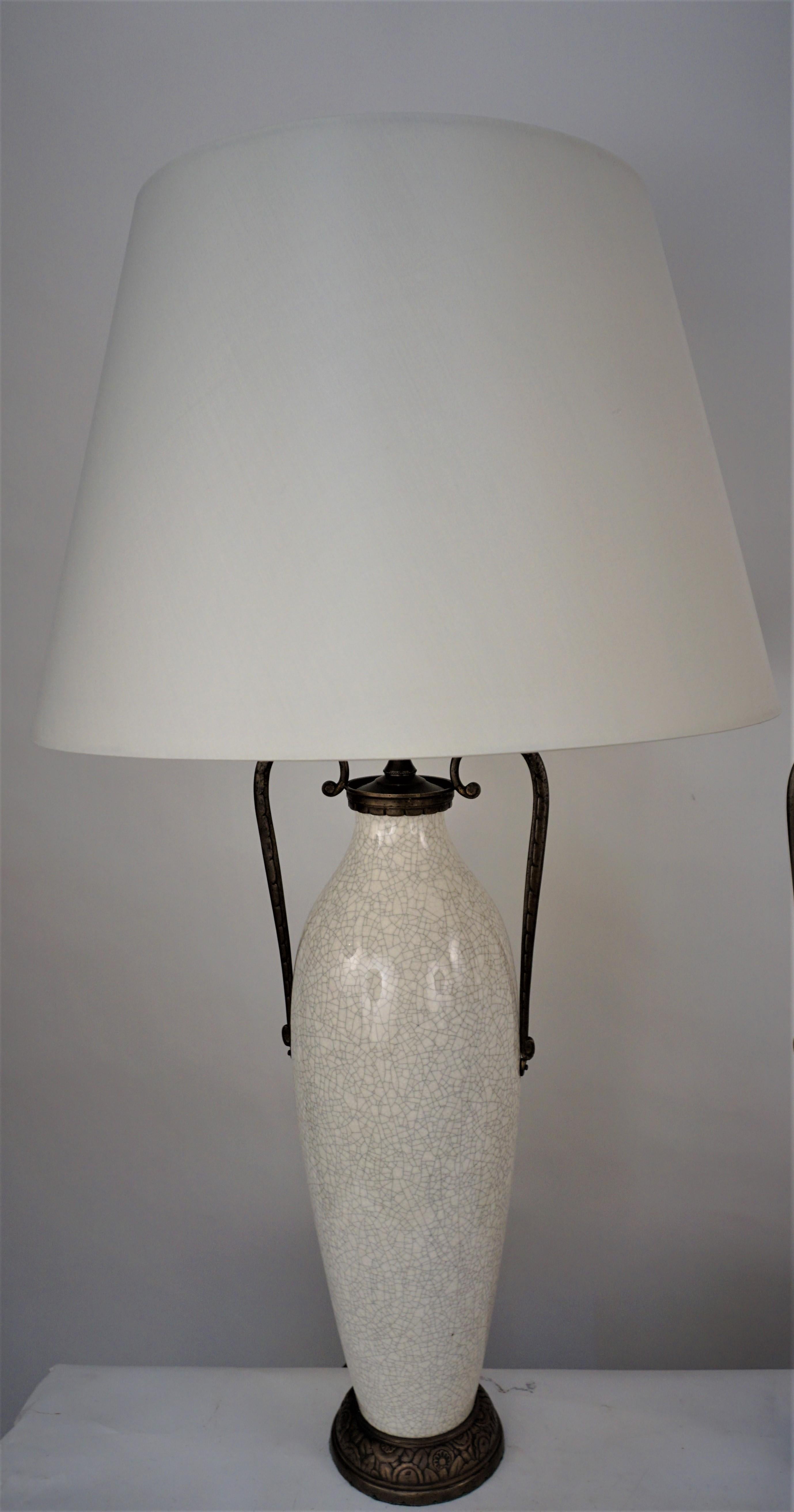 Pair of Crackle White Ceramic and Bronze Table Lamps 1
