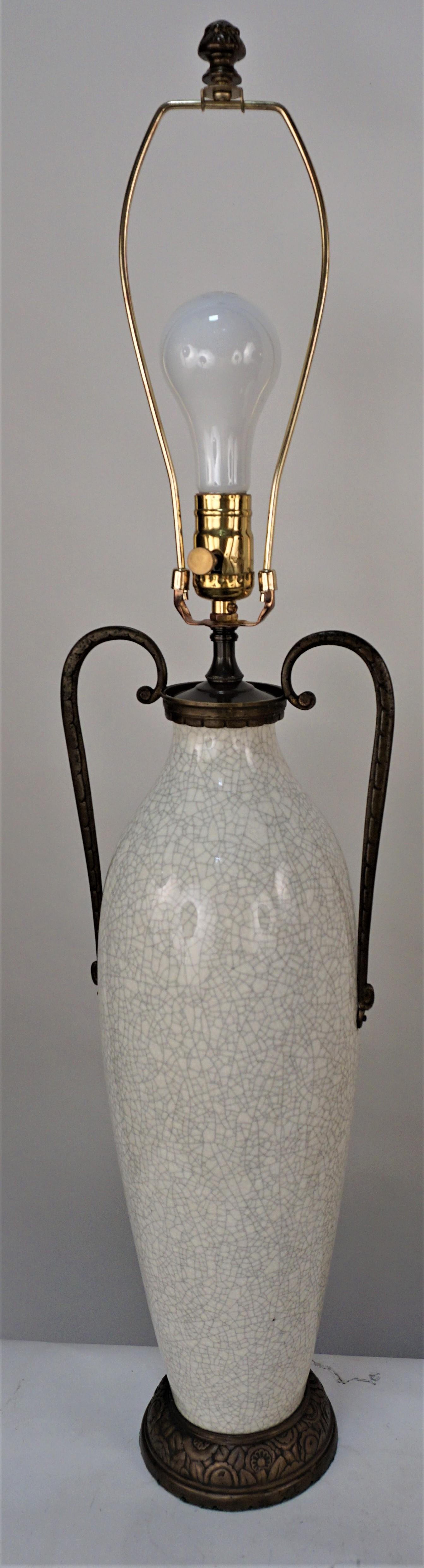 Pair of Crackle White Ceramic and Bronze Table Lamps 2