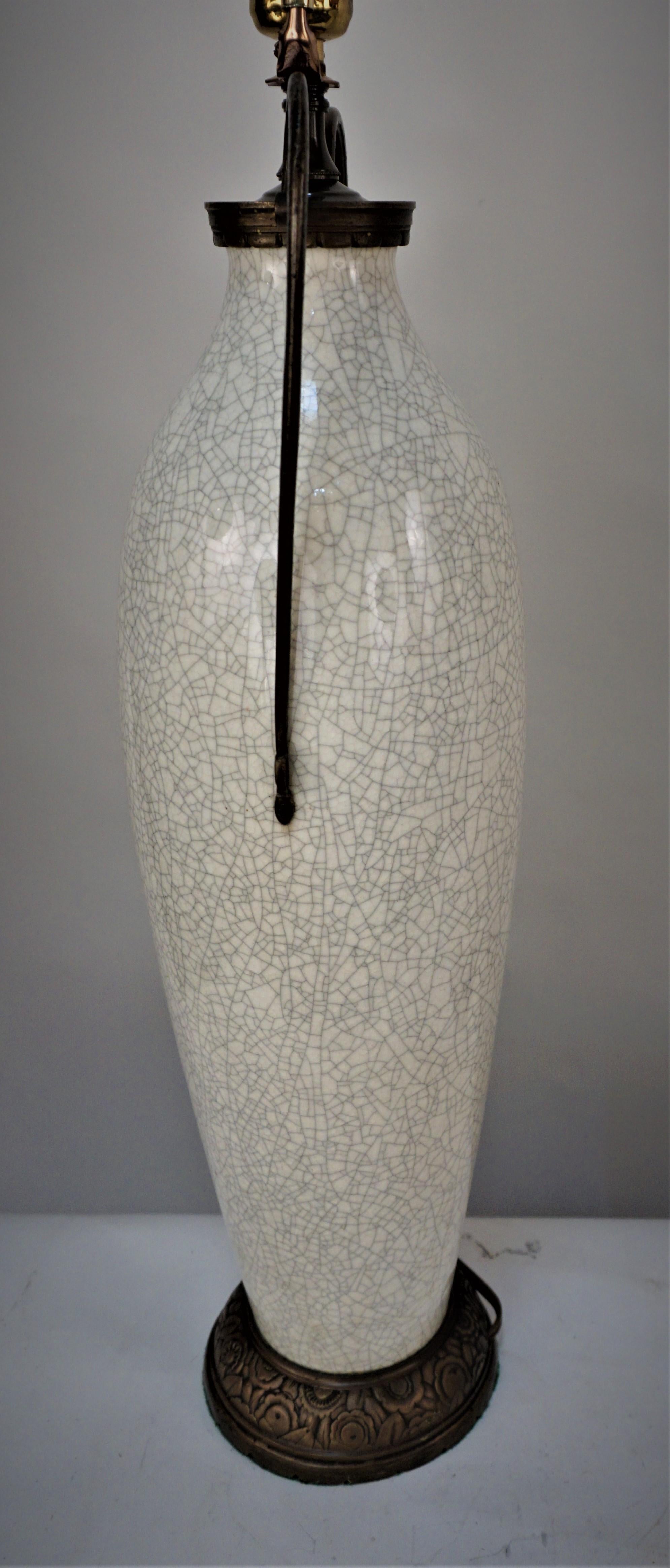 Pair of Crackle White Ceramic and Bronze Table Lamps 3