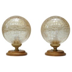 Pair of Crackled Glass, Oak Base with Gilt Metal Table Lamps, Germany, 1970s