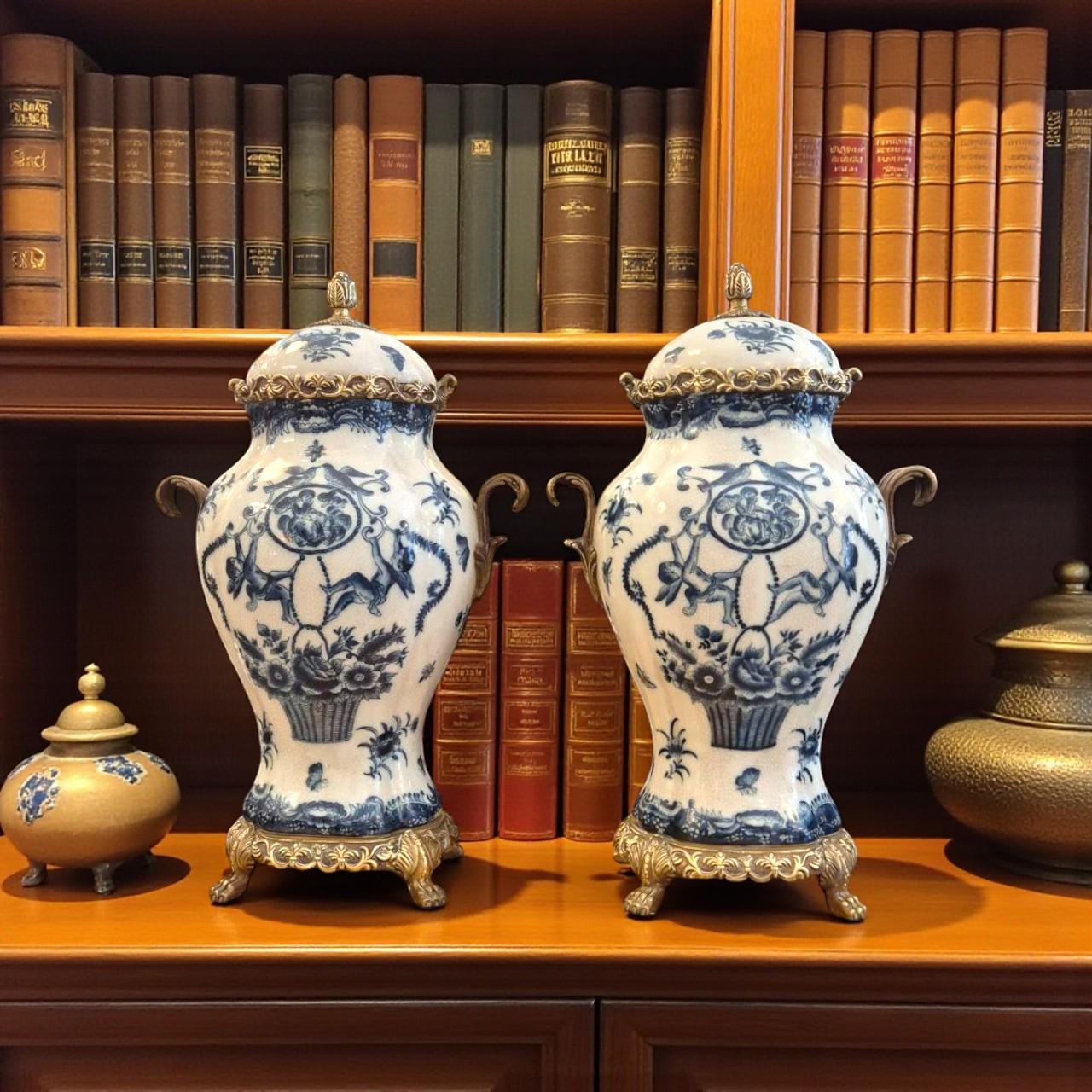 Pareja de cassolettes de porcelana craquelada y bronce dorado - Wong Lee 1895 Luis XIV en venta