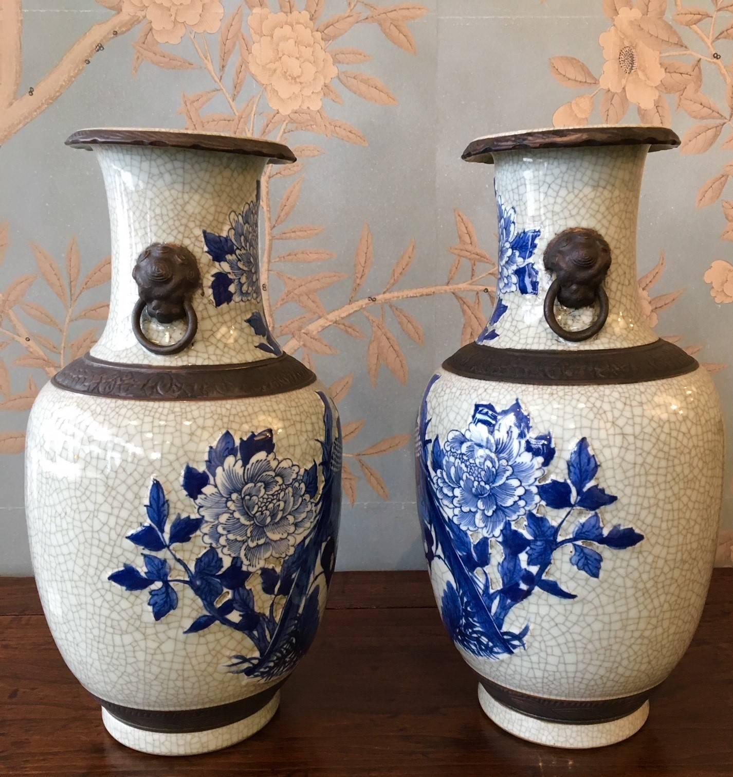Hand-Painted Pair of Crackleware Vases For Sale