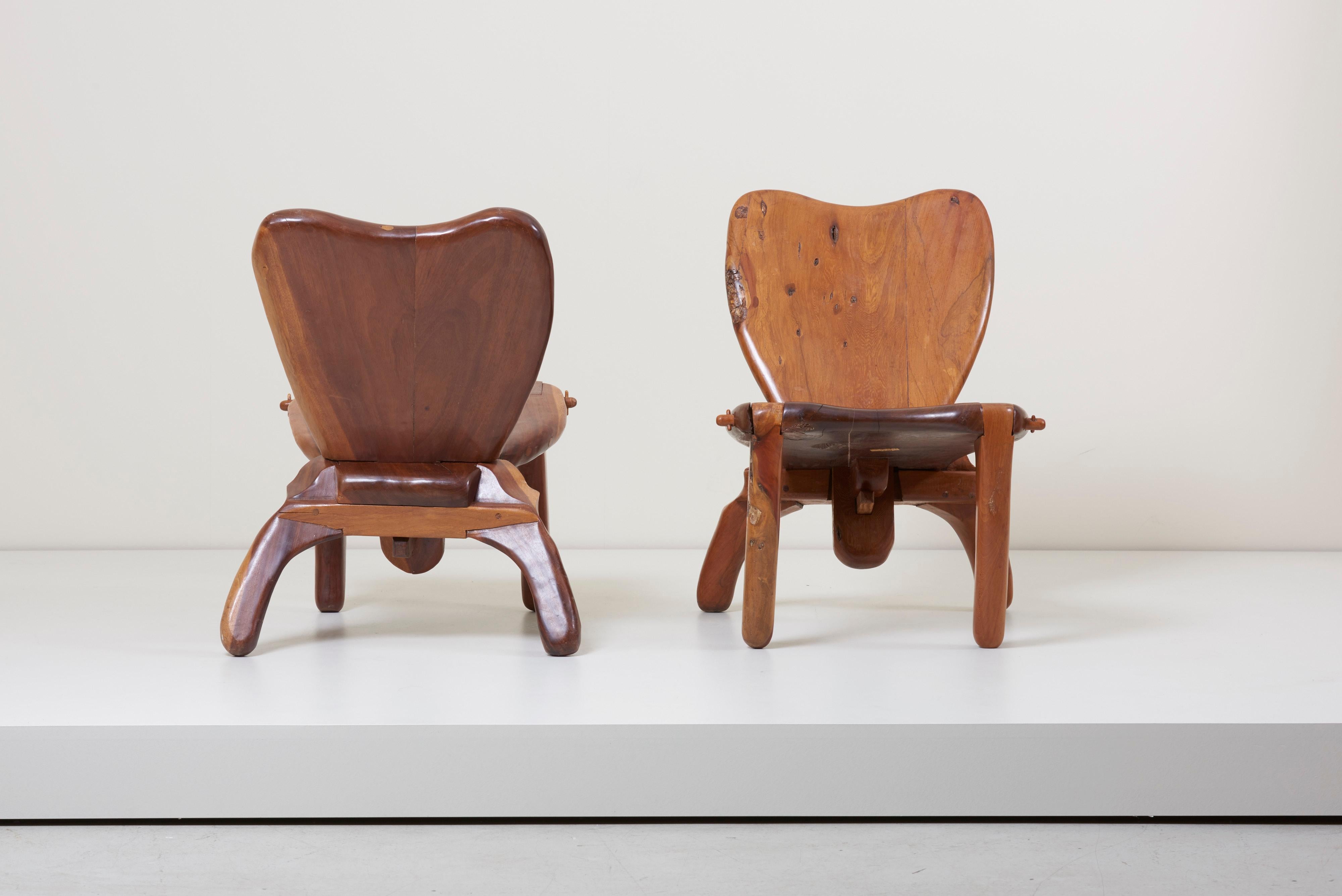 Mexican Pair of Craft Wooden Studio Lounge Chairs by Don Shoemaker, Mexico, 1960s