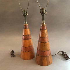 Pair of Craftsman Oak and Leather Conical Table Lamps
