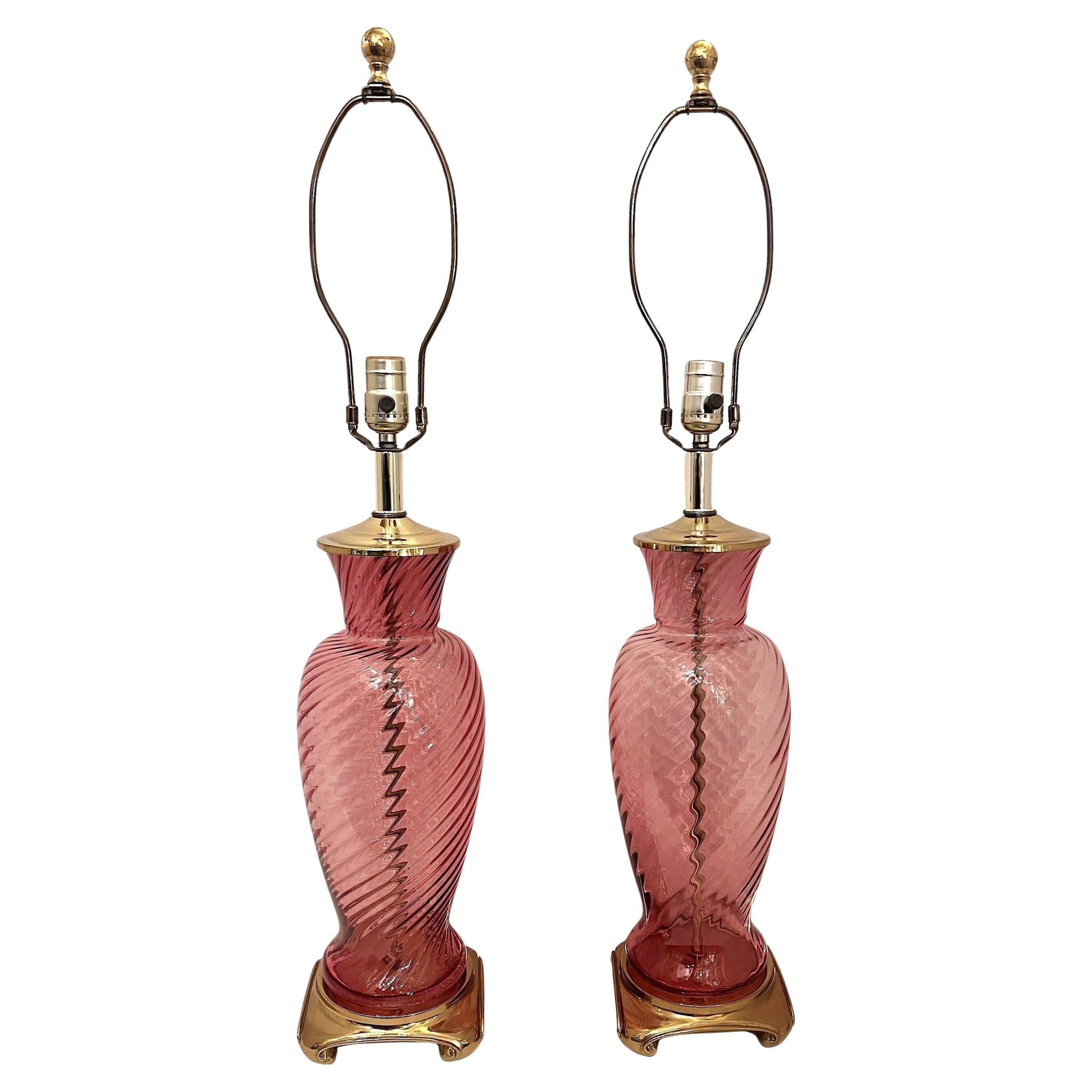 Pair of Cranberry Colored Glass Lamps