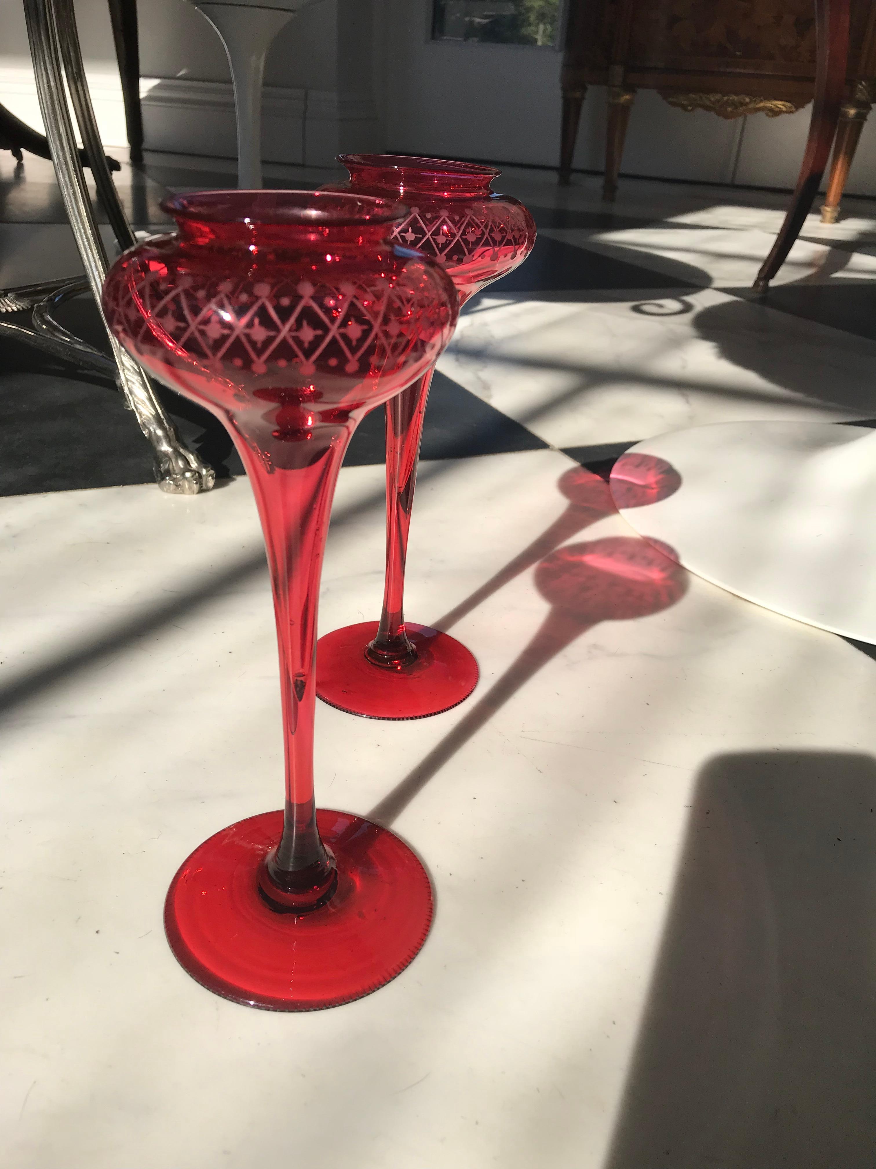 Pair of Cranberry Glass Vases In Excellent Condition In New Haven, CT