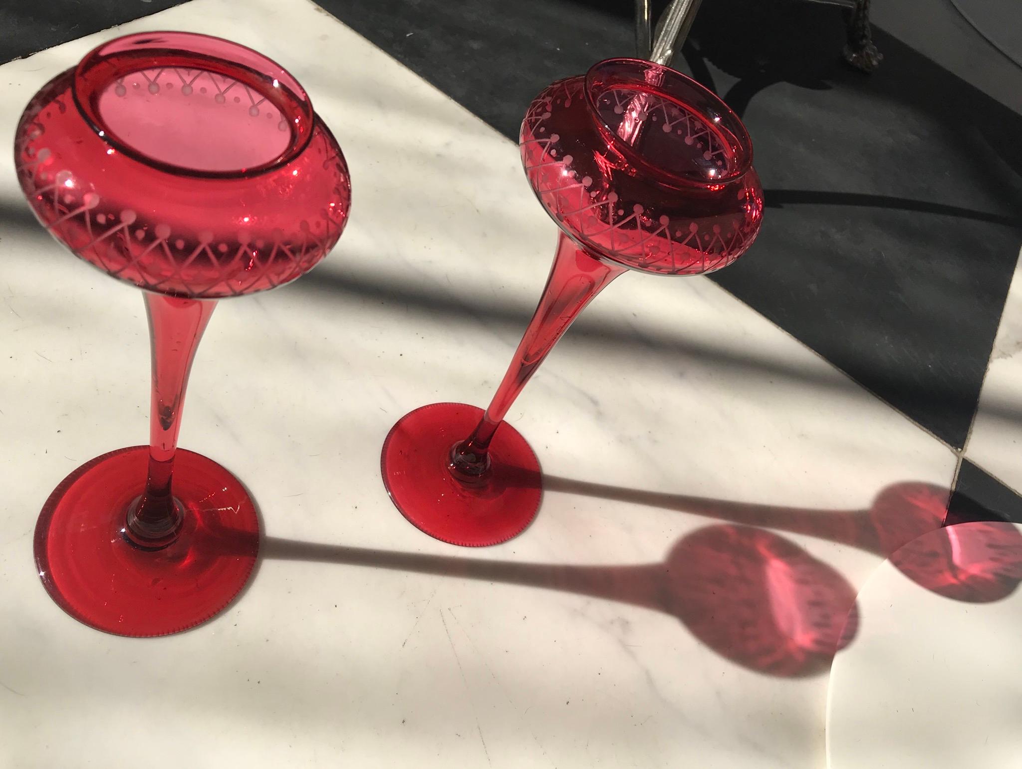 Early 20th Century Pair of Cranberry Glass Vases