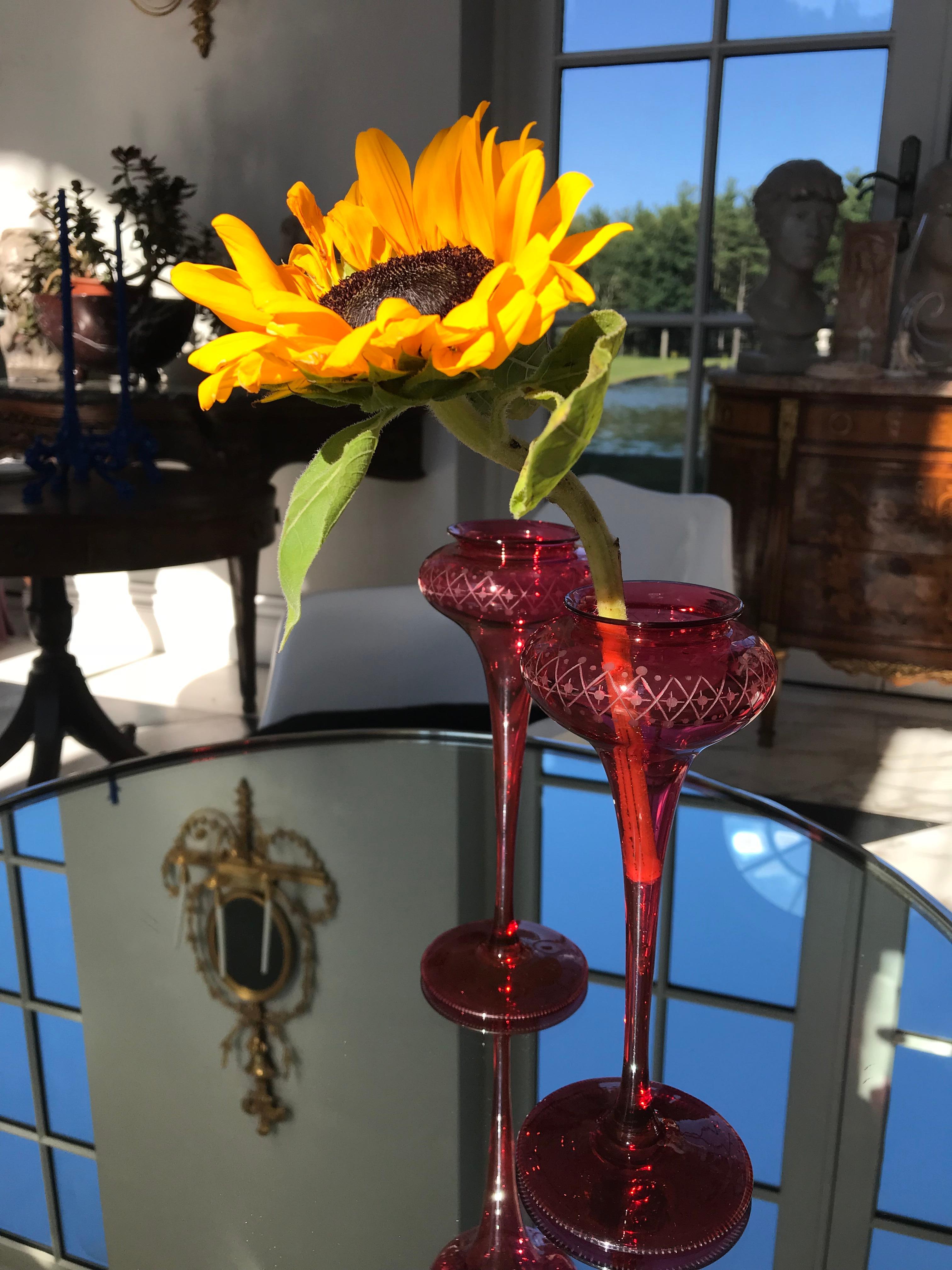 Art Glass Pair of Cranberry Glass Vases