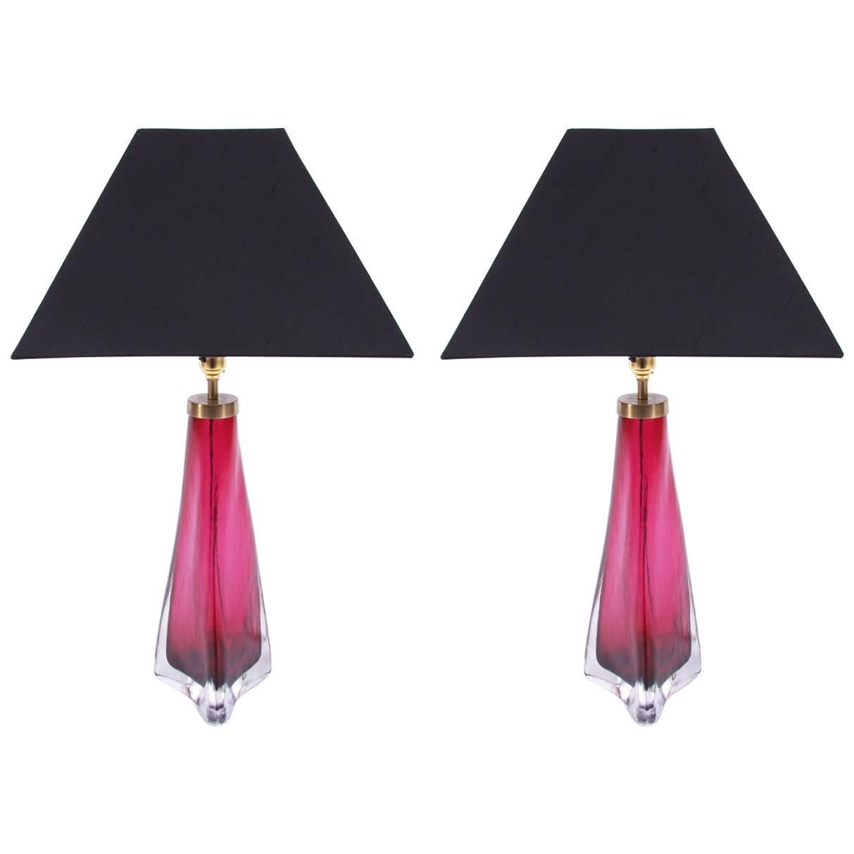 Pair of Cranberry Orrefors Lamps