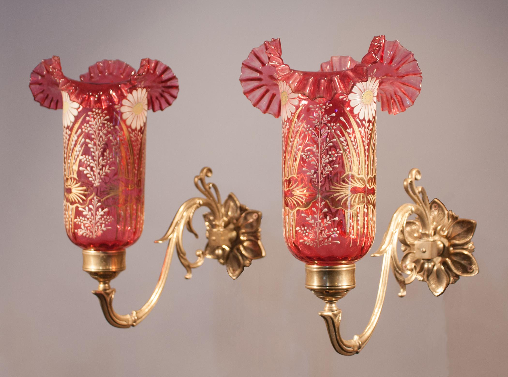 Indian Pair of Cranberry Painted Glass Hurricane Shade Wall Sconces For Sale