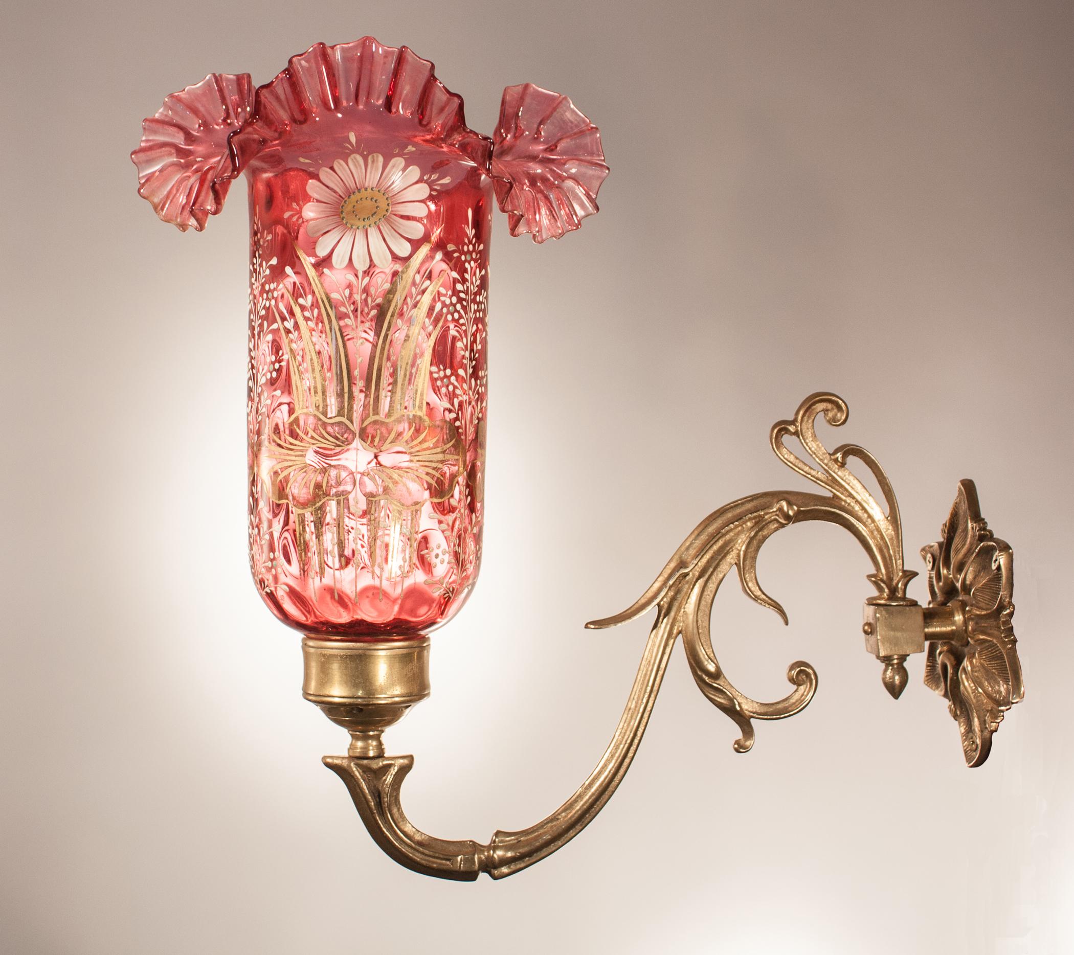 Pair of Cranberry Painted Glass Hurricane Shade Wall Sconces In Good Condition For Sale In Heath, MA